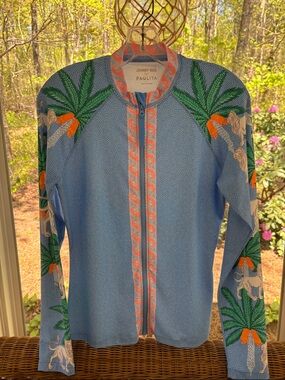 Johnny Was Sky Blue Embroidered Palm Zip Jacket